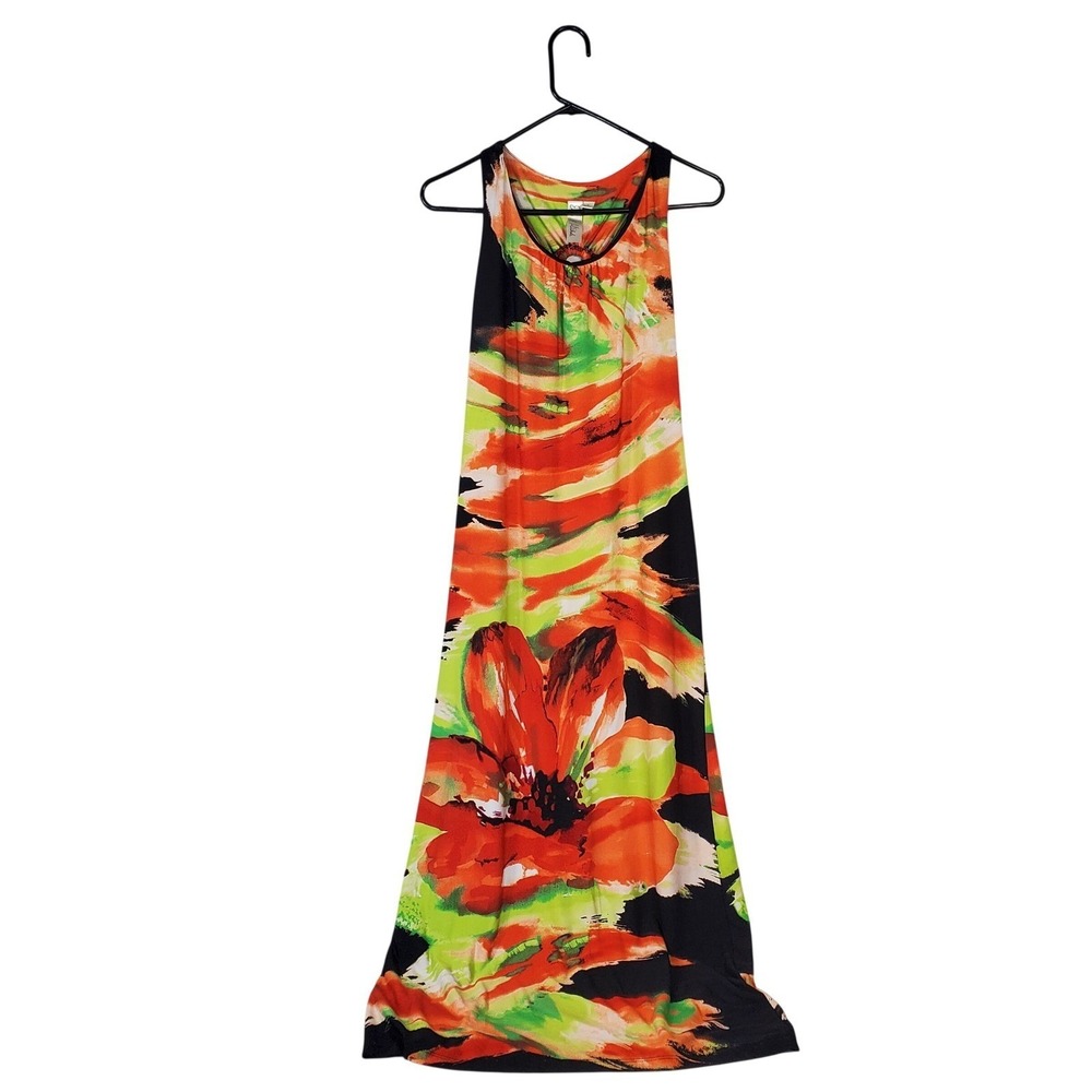 Emma & Michele Floral Maxi Dress Orange Green Black O-Ring Racerback Small
